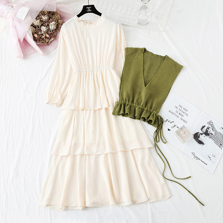 Knitted vest bottomed cake long skirt two-piece suit foreign style  3928