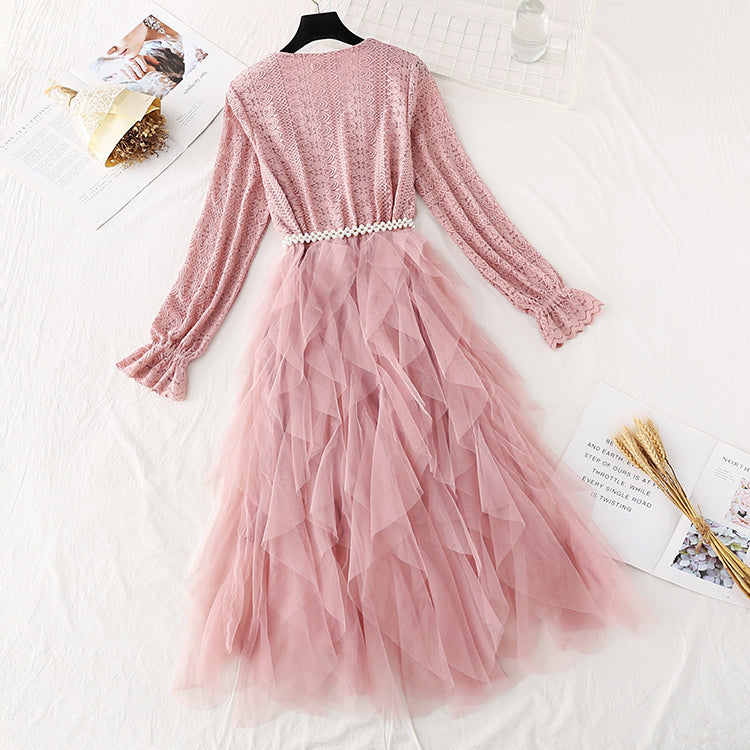 Lace dress French Vintage mesh stitched cake skirt with a slim waist  4498