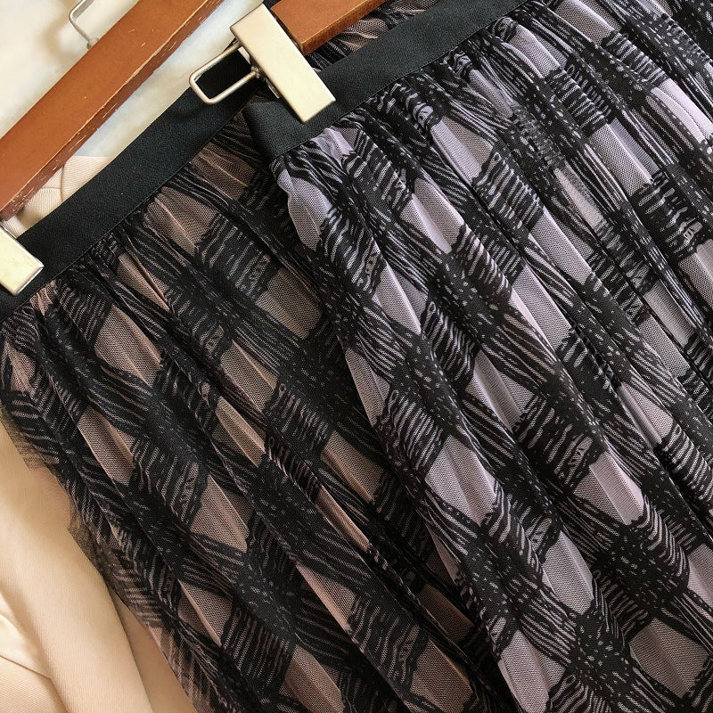 New gauze skirt, plaid print high waist skirt, long pleated skirt  3703