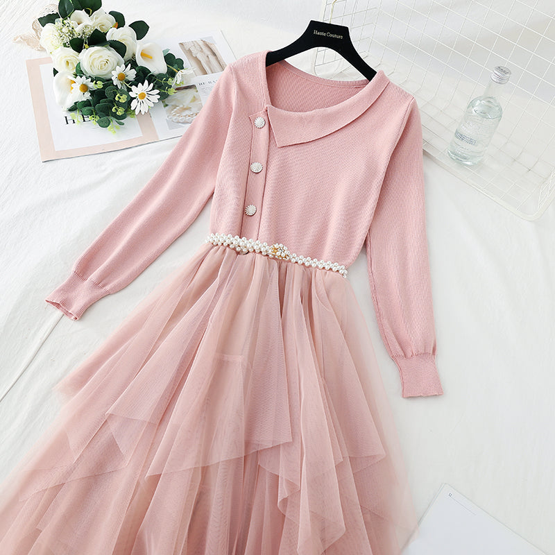 Mesh stitched irregular long skirt waist closing temperament gentle dress  3923