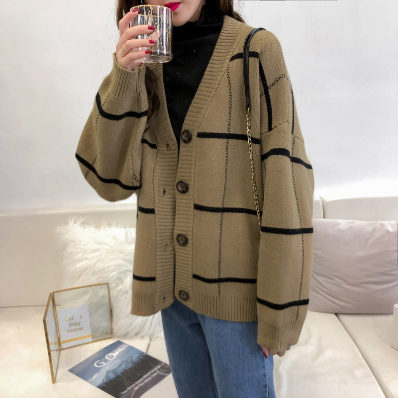 Harajuku Pullover Cardigan Plaid locker und vielseitig 4913