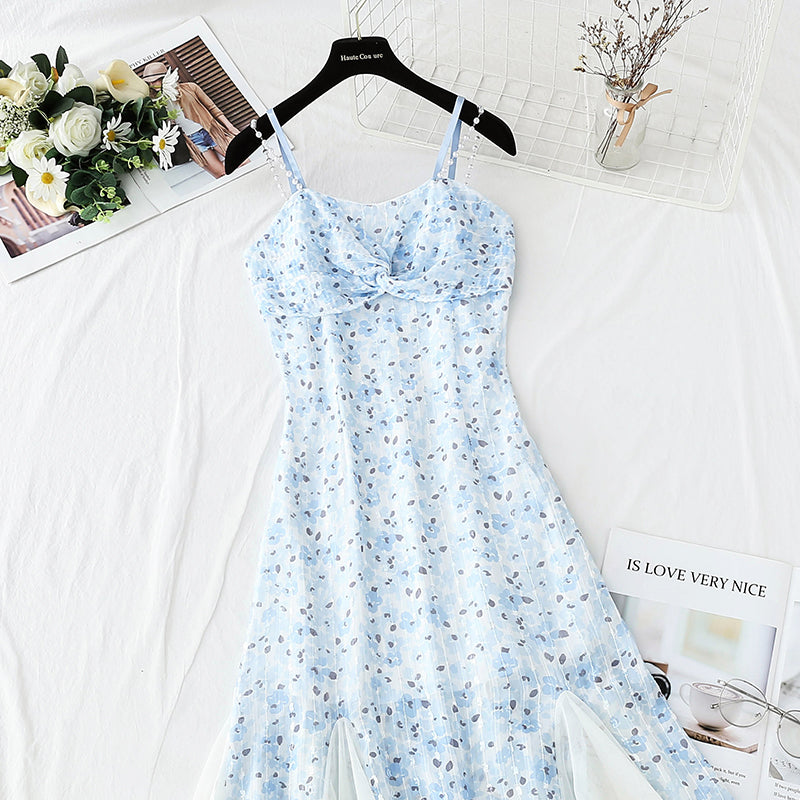 Design sense niche purple fishtail skirt Chiffon floral suspender dress  4409