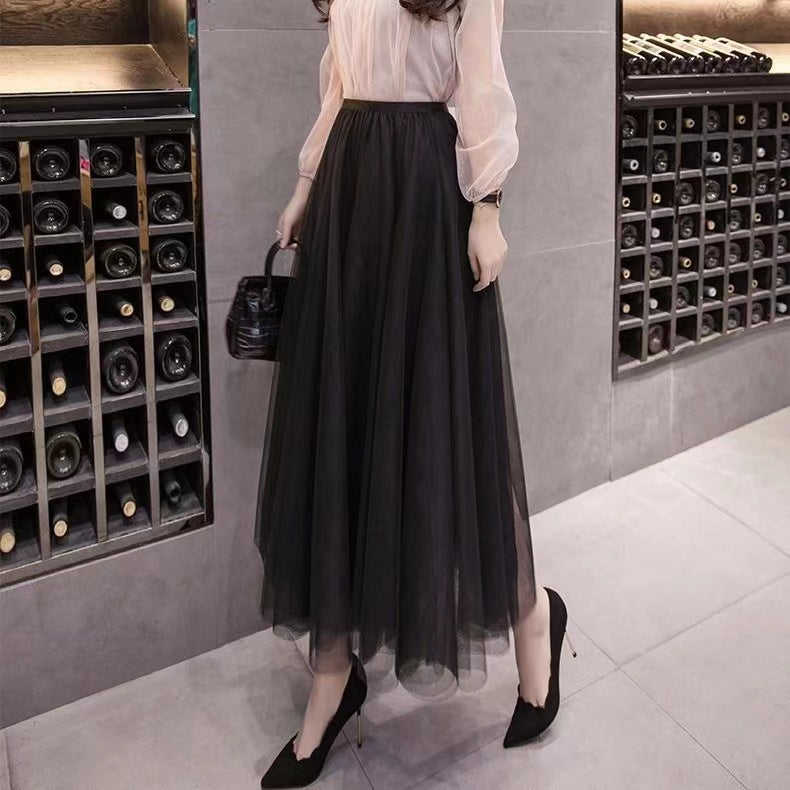 Pleated net gauze skirt, A-line skirt, fairy gauze skirt, half skirt, high waist big skirt, full skirt  3667