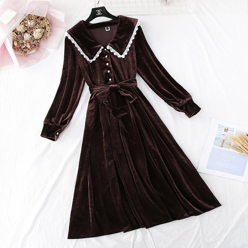 Französisches retro goldenes Samtkleid Super Xiansen langer Rock 4499