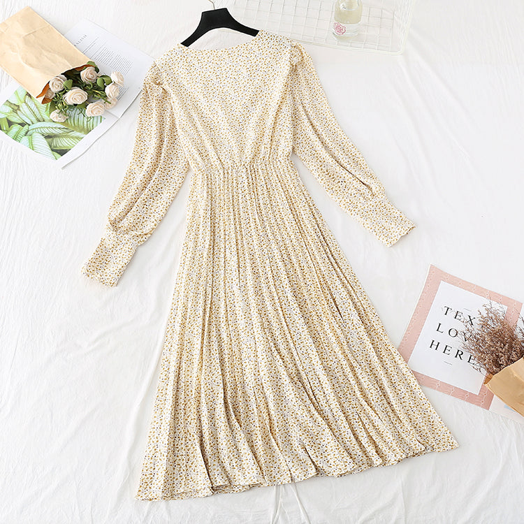 Retro broken flower pleated long skirt fairy super fairy series  4046