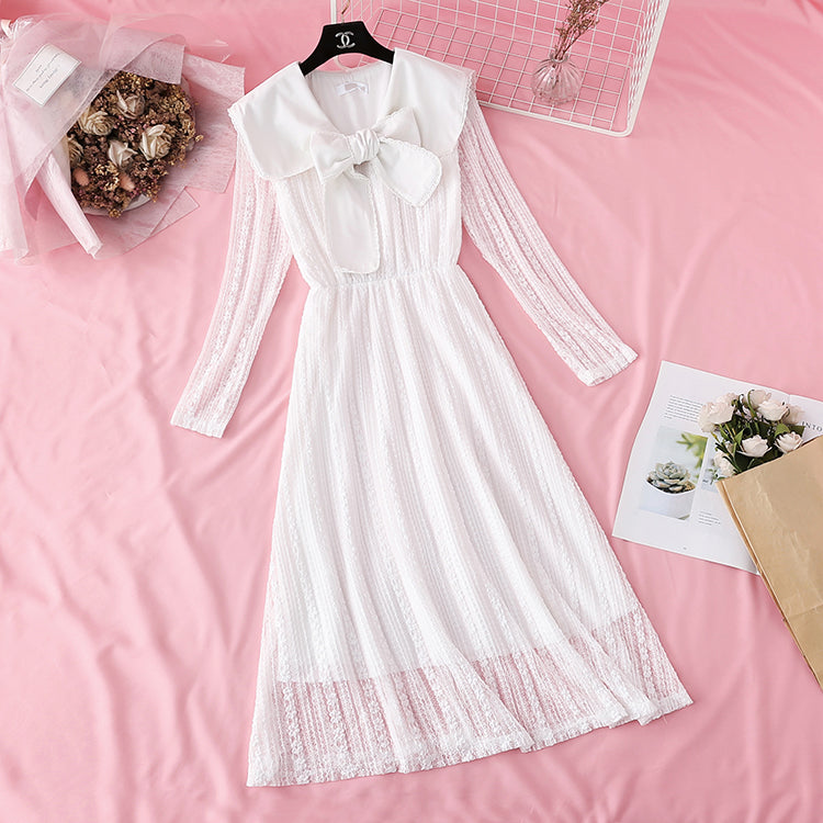 Sweet bow long skirt French retro waist wool skirt  4000