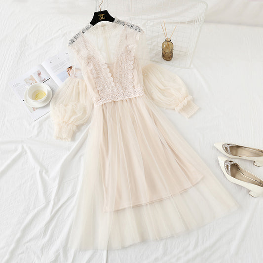 Super fairy lace mesh dress Lantern Sleeve nail bead sling  4314