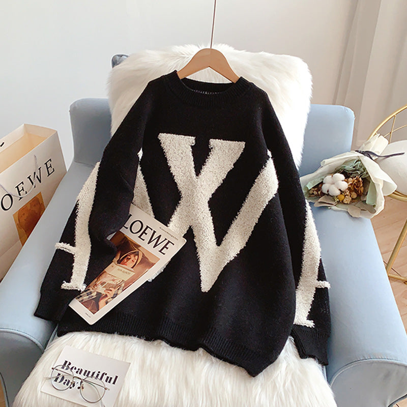 Lazy Letter dreidimensionaler beflockter Jacquard-Pullover 5043