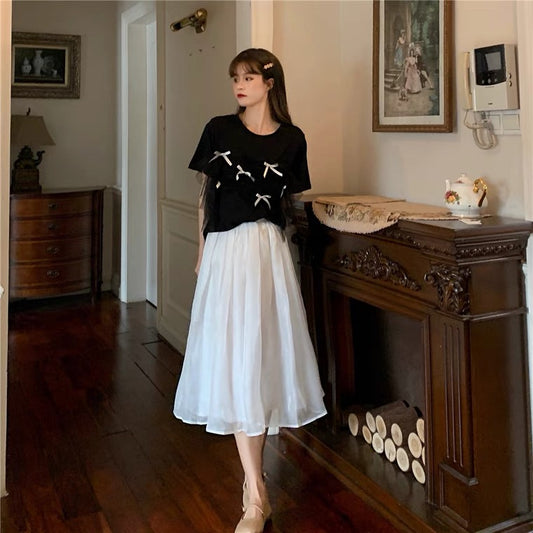 Jupe midi blanche, jupe trapèze taille haute 3648