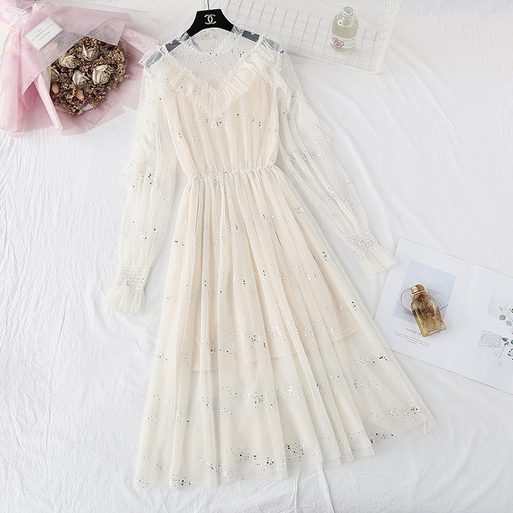 Fairy Sequin gauze dress Ruffle suspender  4321
