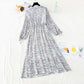 New long sleeve waistband lace up thin Chiffon gentle wind Floral Dress  4719