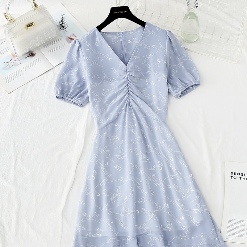 French V-neck slim Chiffon fishtail Ruffle Skirt  4853