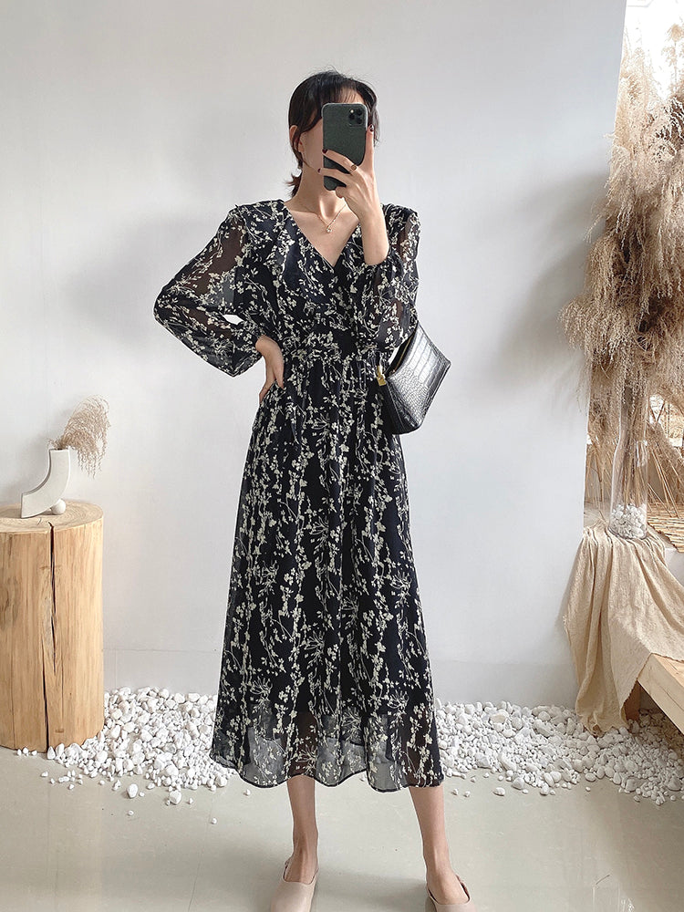 Retro High Waist over knee thin Chiffon Dress  3882