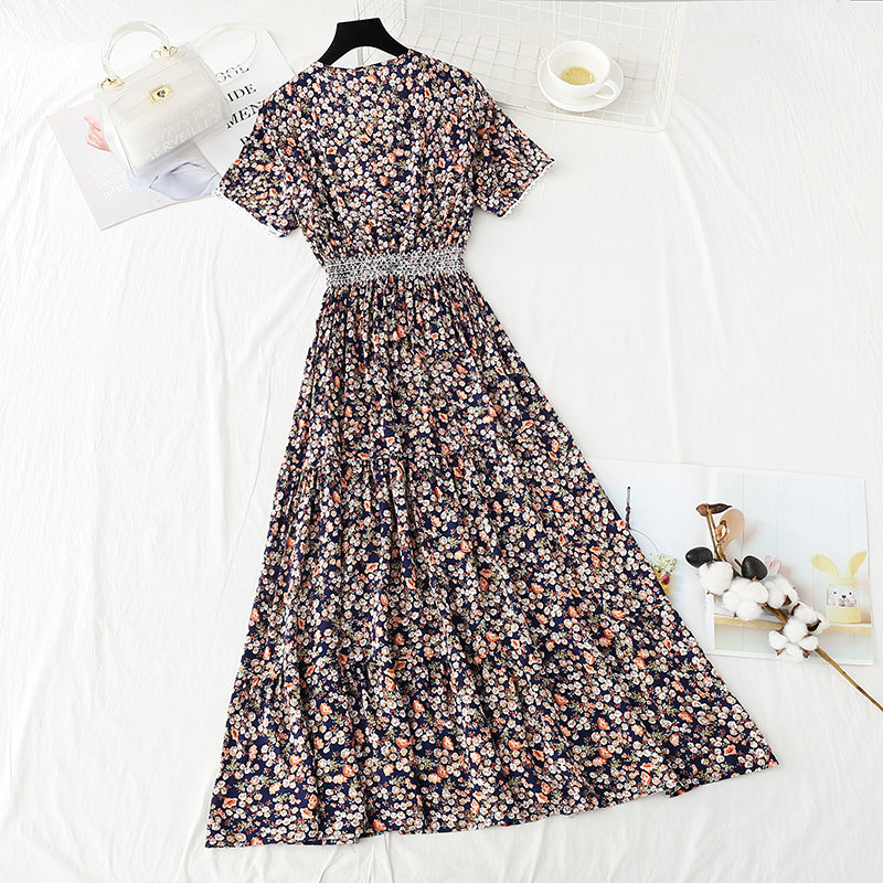 Holiday skirt with broken flowers, slim waist and long skirt with large hem  4246