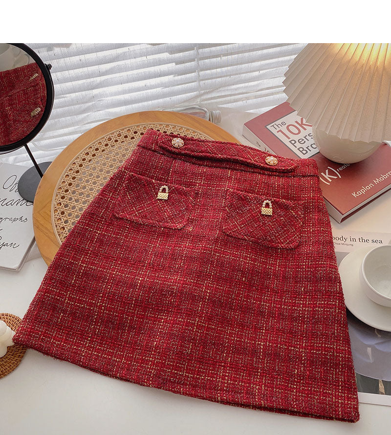 Bright silk tweed short skirt high waist A-line skirt  5311