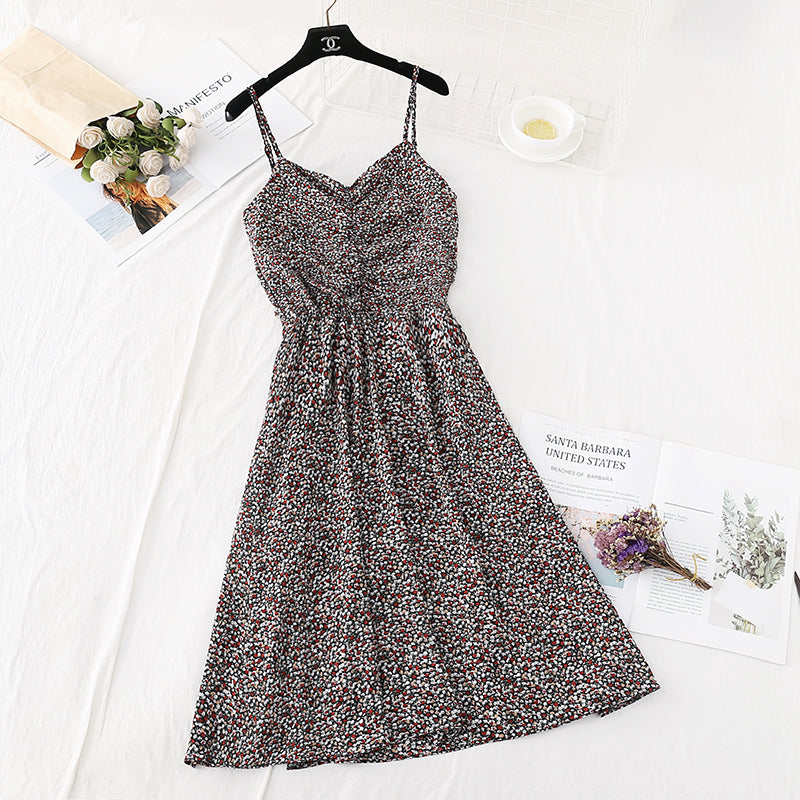 Broken flower suspender dress, super xiansen French style, slim waist  4111