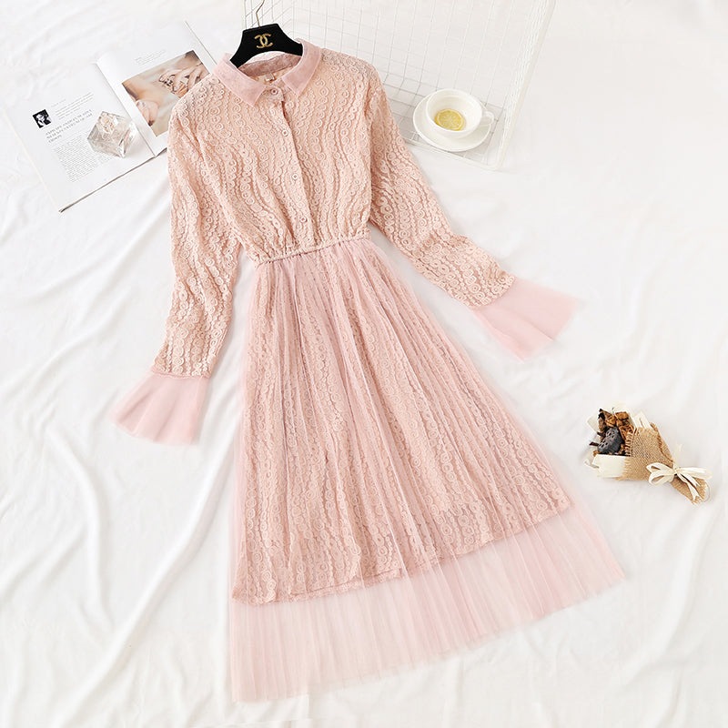 Lace mesh dress French super fairy knee length skirt  4365