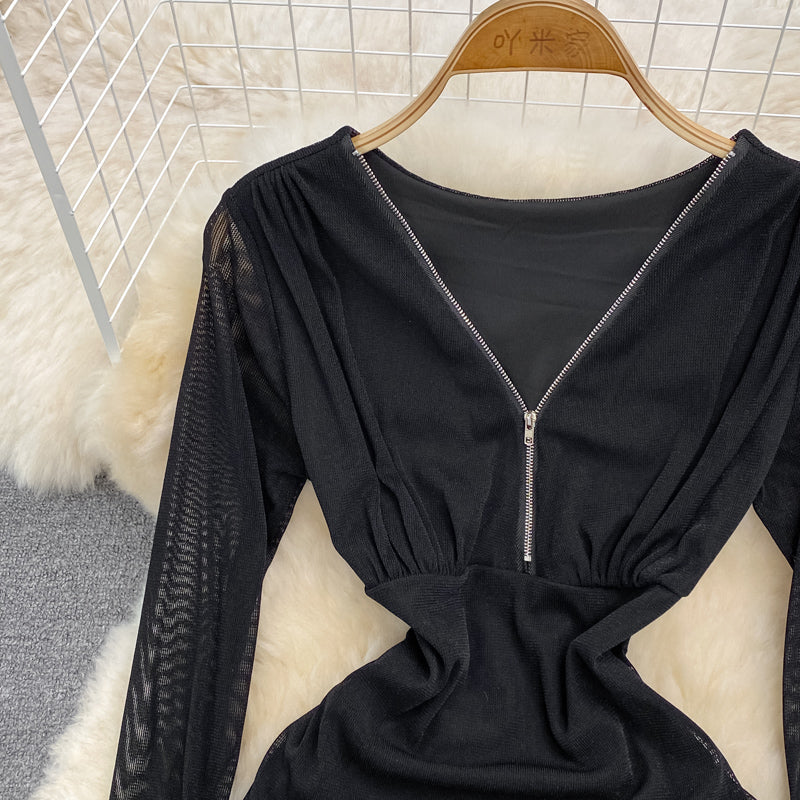 Sexy Hong Kong Style zipper split hip long sleeve V-neck dress  3788