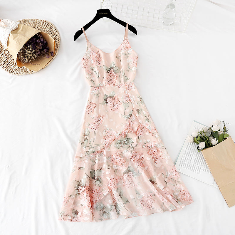 Suspender dress Floral Chiffon fishtail lotus leaf side length  4116