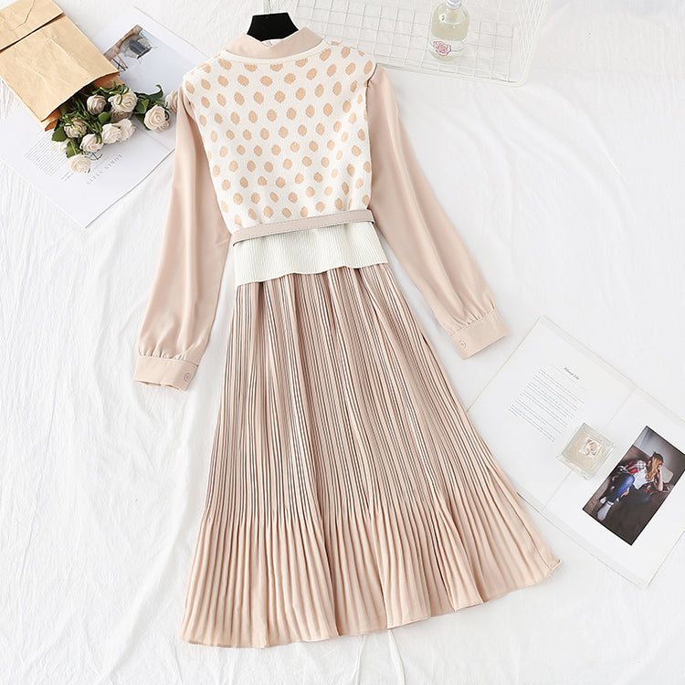 French retro wave point vest long skirt two-piece suit  4732