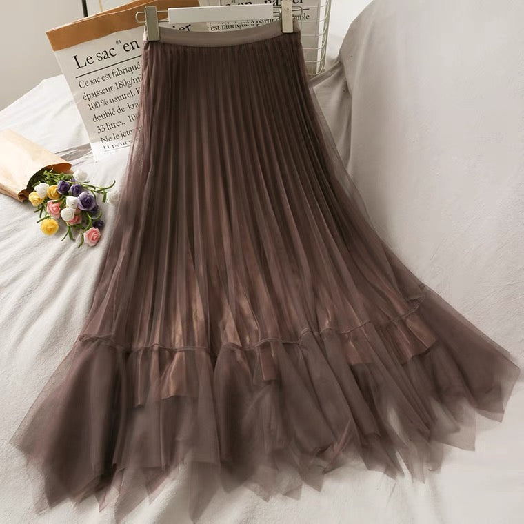 Vintage, glossy, high-waisted, mid-length skirt, spring/summer, A-line pleated skirt  3672