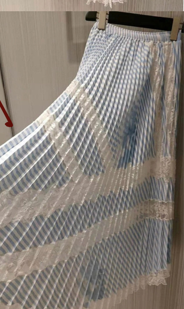 Spring and summer, new style, high waist color patchwork stripes pleated skirt, lace embroidery patchwork long skirt  3640