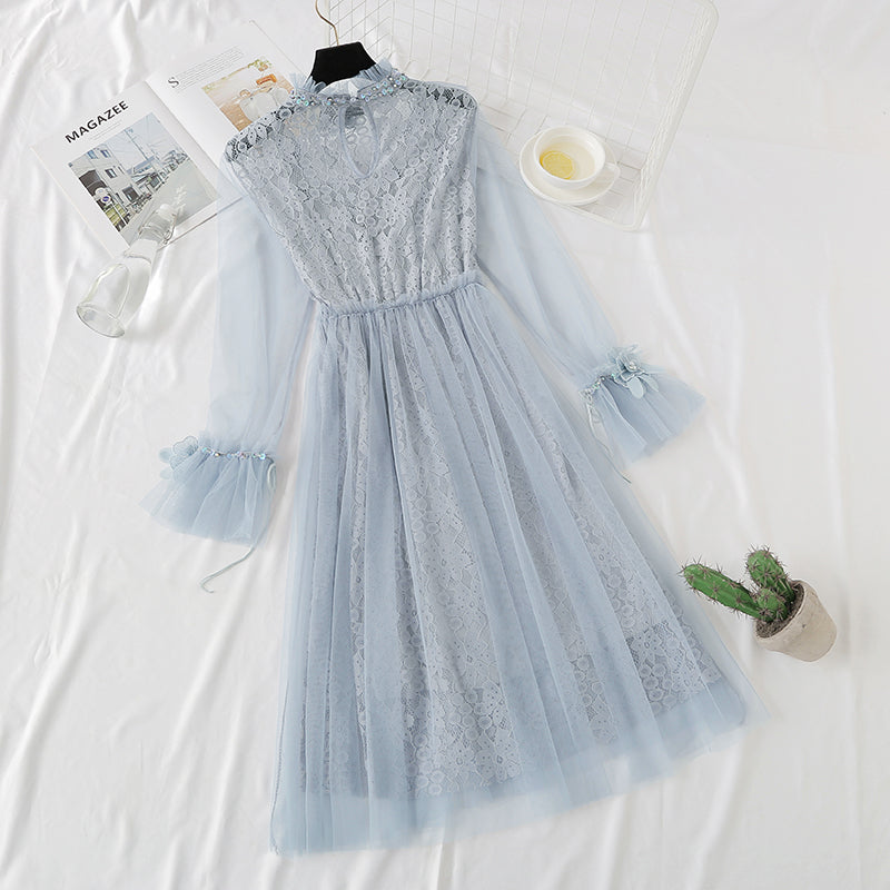 Dreidimensionales Blumenspitzenkleid aus schwerer Industrie im französischen Stil 4325