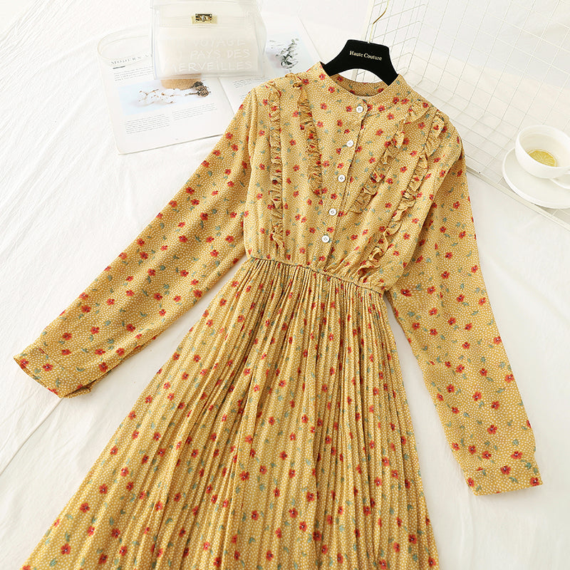 French Floral Chiffon pleated long skirt fairy super fairy series  3926