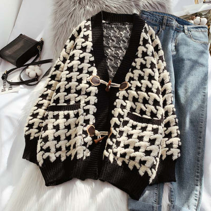 Thousand bird lattice ox horn buckle sweater coat female  4925