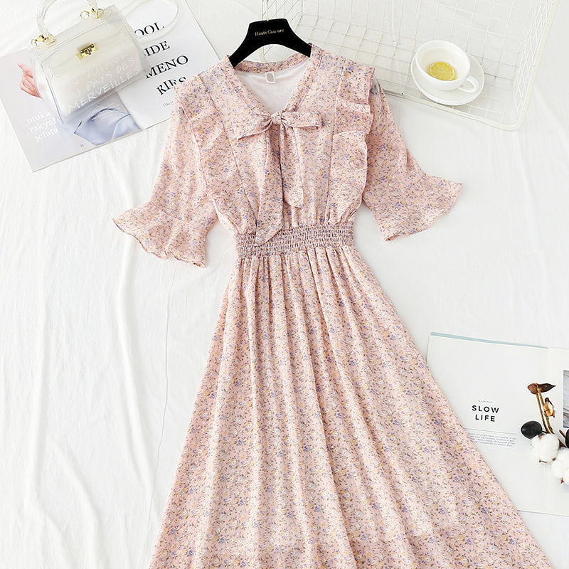 Slim tea break chiffon skirt retro floral long skirt  4892