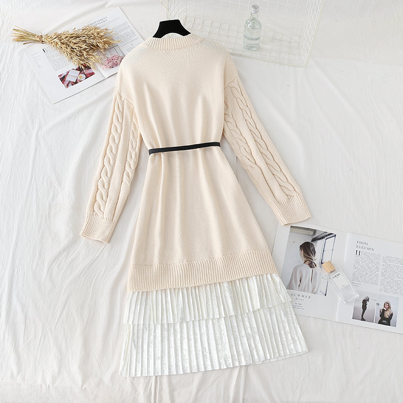 New lace up stitching fake two pleated inner bottom sweater skirt  4755