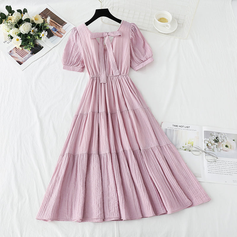 Robe en coton et lin à col carré français 4275