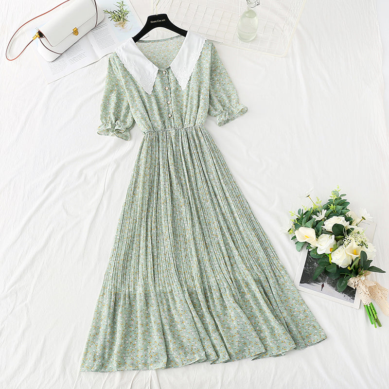 New doll neck Floral Chiffon pleated French retro fairy skirt  4880