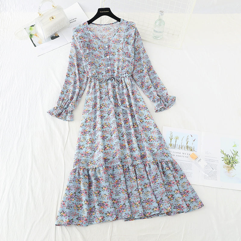 Thin pleated lace up temperament gentle wind long skirt  3867