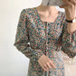 Knee thin lace up square neck fairy Vintage Floral Dress  3911