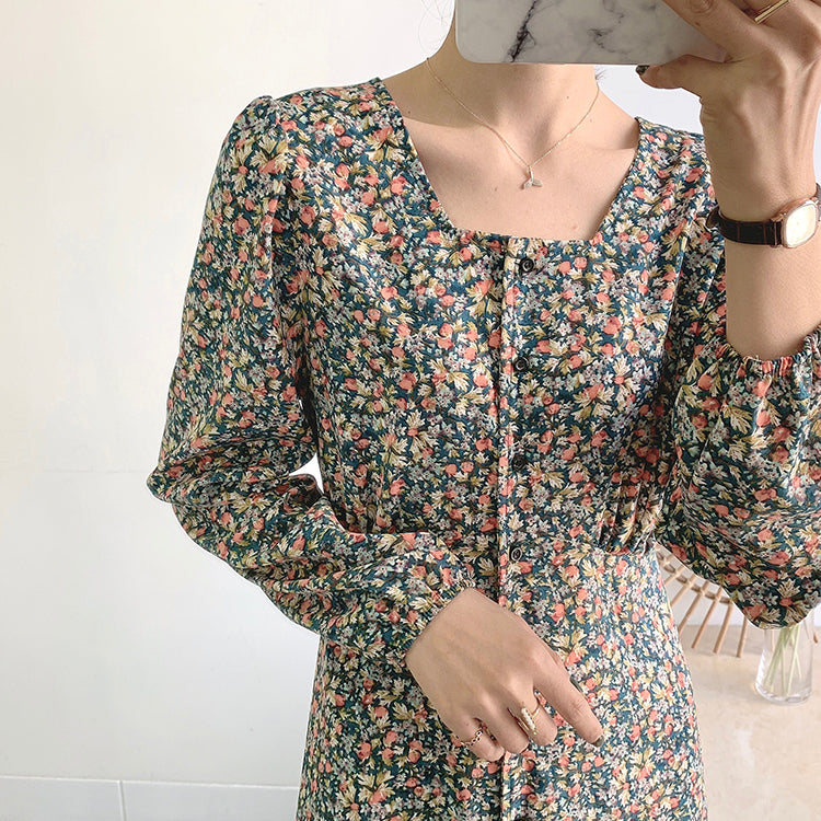 Knee thin lace up square neck fairy Vintage Floral Dress  3911