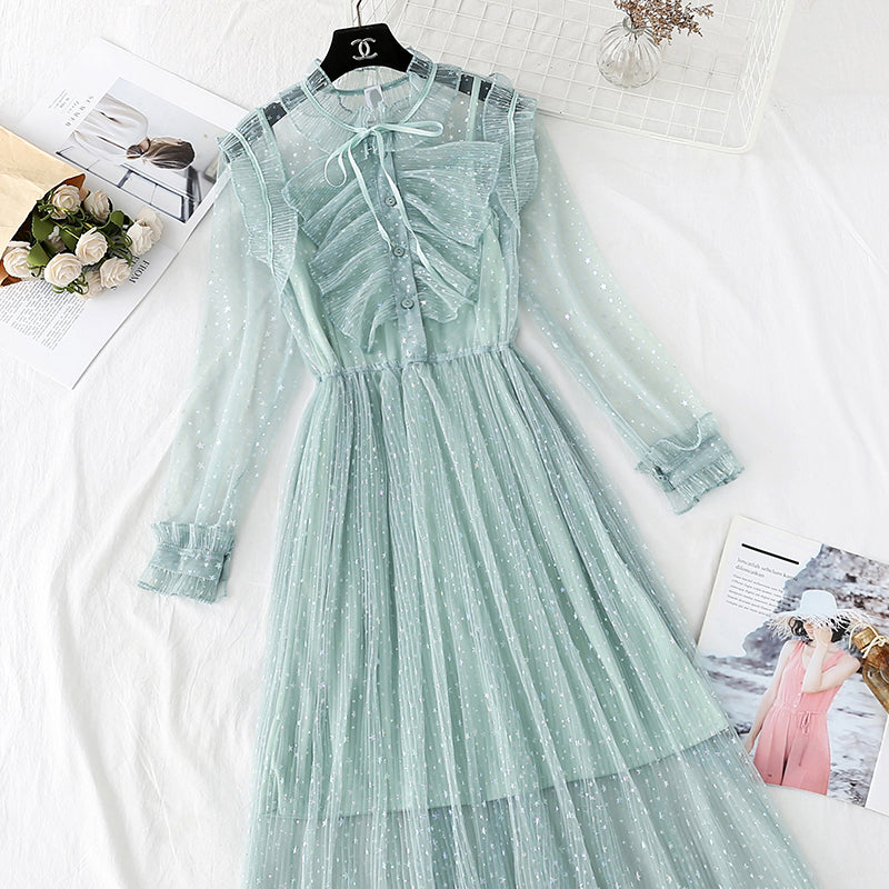 Fairy mesh dress French retro star Sequin dress  4354