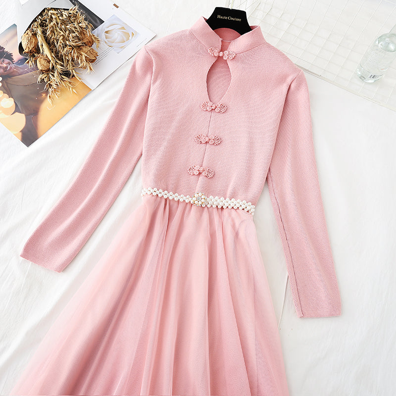 New Chinese style retro disc mesh stitched fairy bottomed knee length skirt  4550