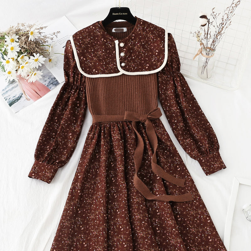 Lapel patchwork floral dress versatile aging skirt  4070