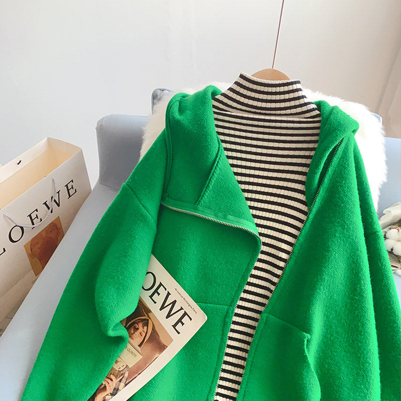 Design inclined zipper hooded sweater women's coat  5220