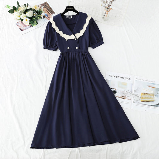 Französischer Retro-Puppenkragen, Blasenärmel, Taillenverschluss, Teepausenrock 4268