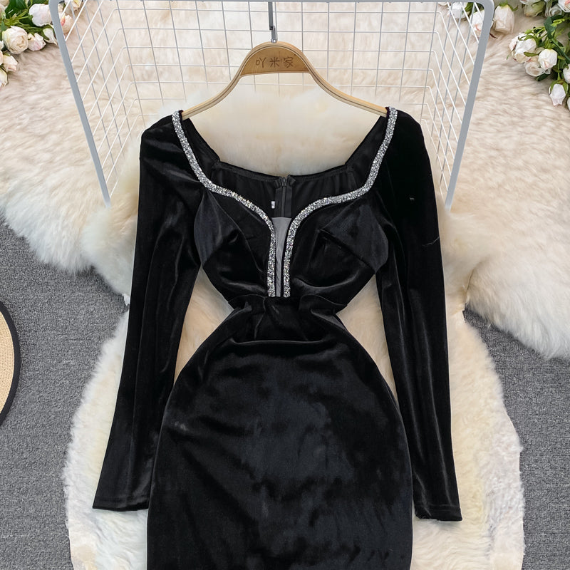 Velvet with diamond temperament, slim waist, sexy hip wrap dress  3750