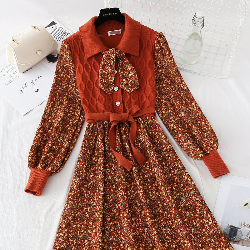 Patchwork lace up floral skirt slim elastic waist Corduroy Skirt  4086