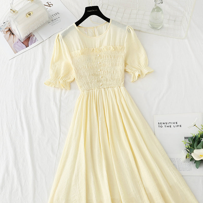 Cotton linen dress French retro slim dress  4884