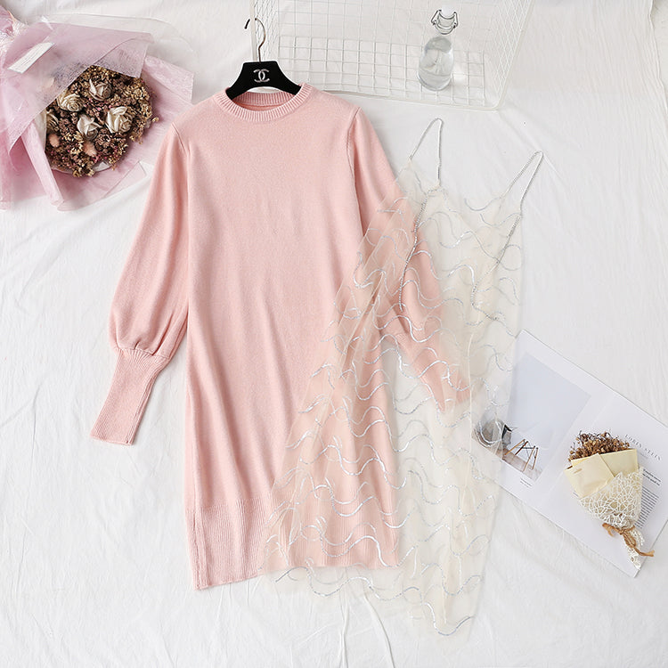 Knitted dress small Xiangfeng net red sweater suspender yarn skirt suit  4464