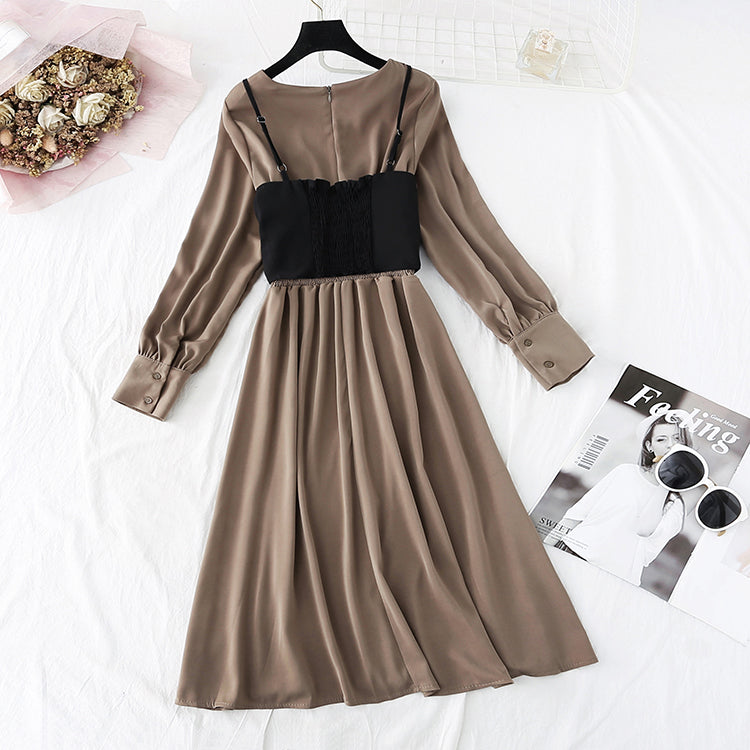 Chiffon Dress + suspender vest two piece suit  4035