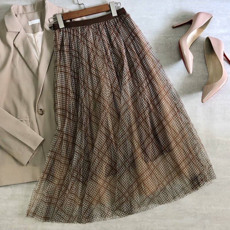 New plaid print net gauze skirt, thousand bird shape skirt  3704