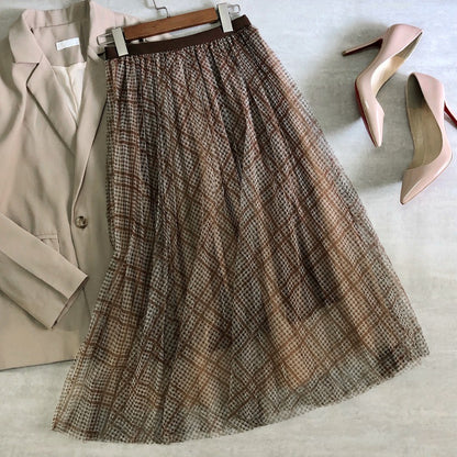 New plaid print net gauze skirt, thousand bird shape skirt  3704