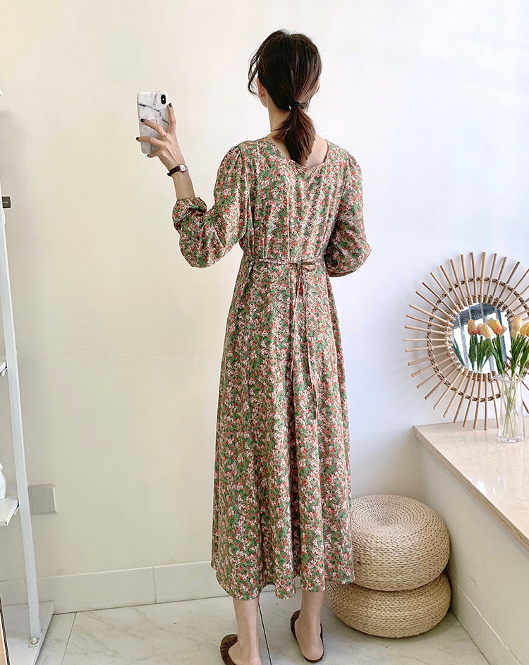 Knee thin lace up square neck fairy Vintage Floral Dress  3911