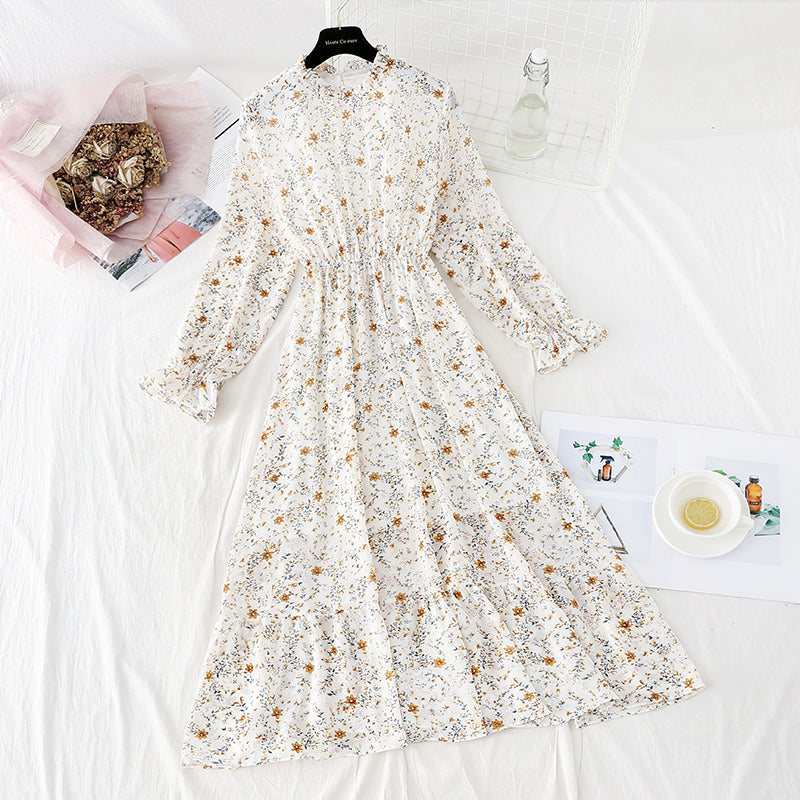 New style fungus Ruffle Skirt round neck slim Chiffon Dress  4834